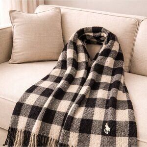 Polo Ralph Lauren 100% Wool Plaid Scarf Black Gray Cream Logo 80x14